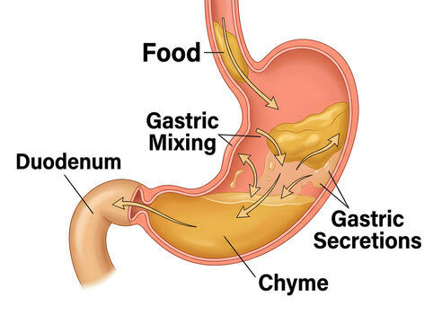 Human stomach digestion process with food and chyme flow isolated on white background