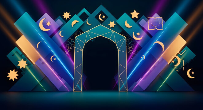 Ramadan kareem background with glowing arch and celestial elements in vibrant neon style