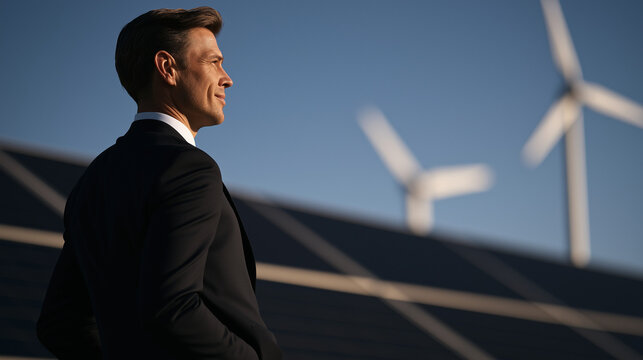 Visionary of Green Energy: A confident businessman in a sharp suit stands with hands in pockets, gazing towards a future powered by solar panels and wind turbines under a clear blue sky.