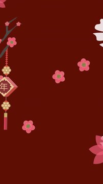 Animation of cherry blossom, flowers and chinese lanterns on maroon background