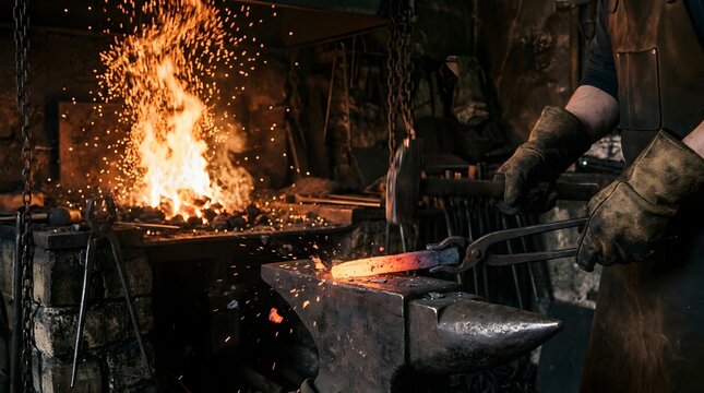 Blacksmith forging hot glowing metal bar on anvil at dark metal workshop.
