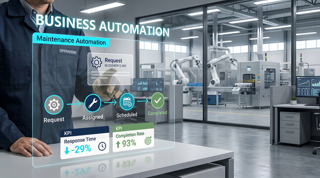 A professional engineer using a digital interface to manage and optimize complex industrial business automation processes in factory
