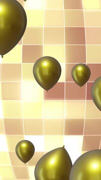 Animation of gold balloons with mirror ball on pink background