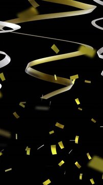 Animation of party streamers and confetti on black background