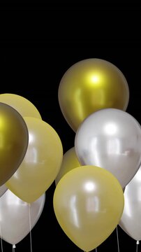 Animation of gold and silver balloons with stars on black background