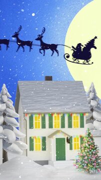 Animation of snow falling over christmas sant claus, full moon and winter scenery