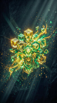 Abstract 3D illustration of glowing green and gold crystal cubes floating with light rays and magical glowing dust in a dark space