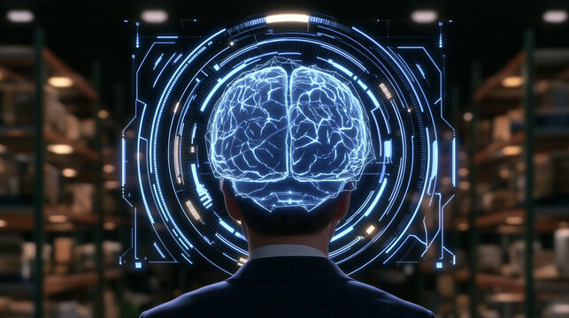 AI Brain Interface: A businessman looks at a holographic projection of a human brain, representing artificial intelligence and advanced technology, in a futuristic setting.
