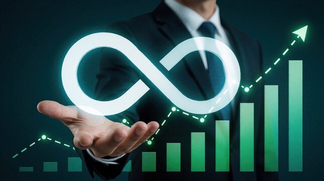 Man in suit holds infinity loop symbol above growing bar chart and upward trend arrow. Concept of circular economy, sustainable business growth and green finance. Reuse plan for success.