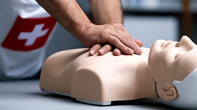 Paramedic performing cpr chest compressions on training mannequin