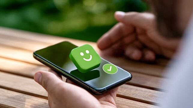 Person holding smartphone displaying positive feedback survey results
