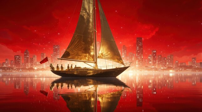 Golden sailboat sails on water towards bright city skyline under red starry sky. People on boat look towards future, symbolizing success and corporate ambition in new ventures.