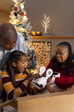 African American grandparents watching granddaughter unwrapping robot toy in living room near tree