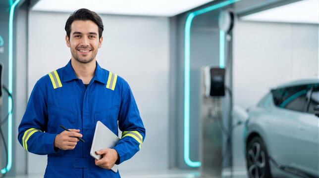 Professional technician in blue uniform holding a digital tablet and stylus standing in a modern electric vehicle charging station