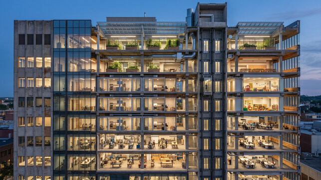 Downtown Office Tower Cutaway Repurposed for Training, Housing, and Fa