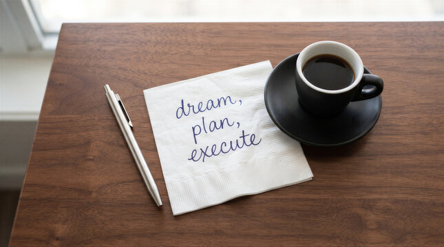 Top view of a wooden desk with a white napkin featuring the text dream, plan, execute, a silver pen, and a cup of black coffee