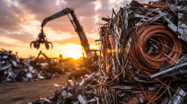 Industrial scrap metal recycling yard with piles of copper wire coils and heavy machinery at sunset, sustainable waste management