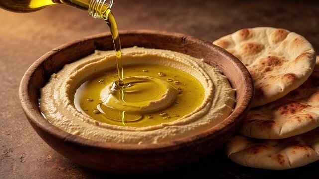 Olive oil pouring onto smooth hummus dip in bowl pita bread middle eastern food pita bread middle eastern food
