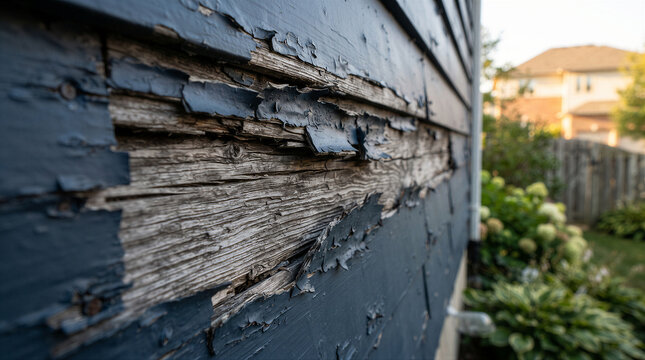 Close up of severely weathered and peeling dark blue paint on old wooden house siding, showing wood grain and decay, exterior home maintenance