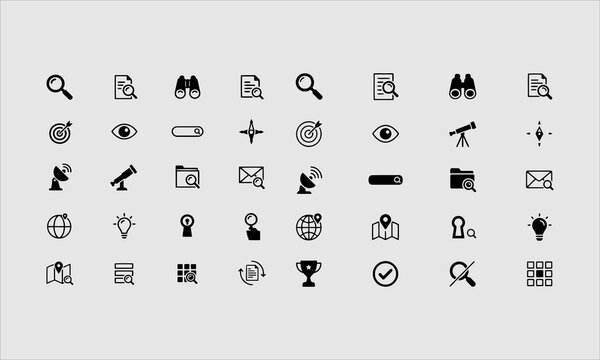 Search glyph icons set. Zoom, find document, magnify glass symbol, look tool, binoculars flat pictogram vector illustrations.