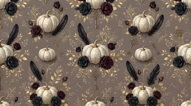 An elegant seamless pattern featuring ornate white pumpkins, dark roses, vintage golden keys, and flowing black feathers set against a sophisticated muted taupe background design.