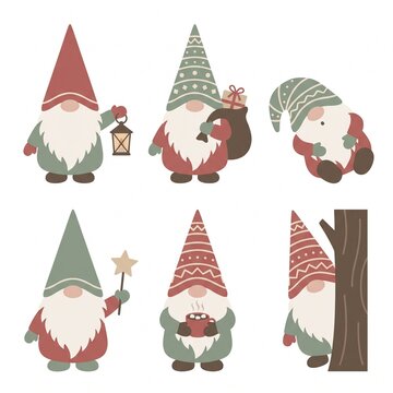 Scandinavian Christmas gnomes collection, set of 6 festive Nordic tomte characters, cute winter holiday dwarf illustrations