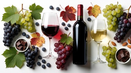 Obraz premium Bottle and glasses of red and white wine with grapes, blueberries, chocolate, and almonds. Autumn leaves and vine leaves surround the food and drink arrangement on a white surface.