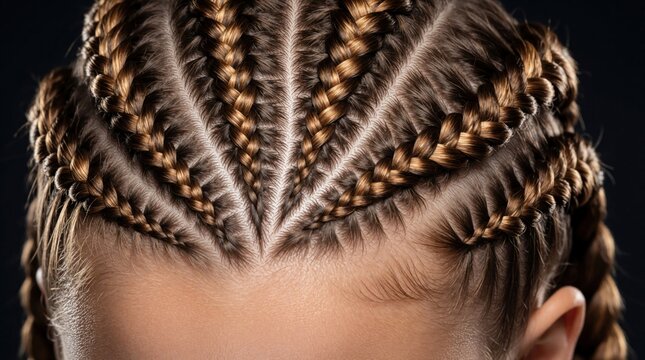 Intricate braids adorn woman scalp in neat cornrow pattern against dark backdrop. Close-up view shows detailed hair styling, fashionable coiffure. Perfect for beauty, fashion, cultural content.