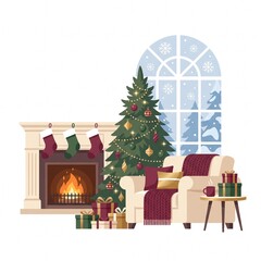 Fototapeta premium Cozy Christmas living room illustration, festive holiday interior with fireplace and tree, warm winter home scene with gifts