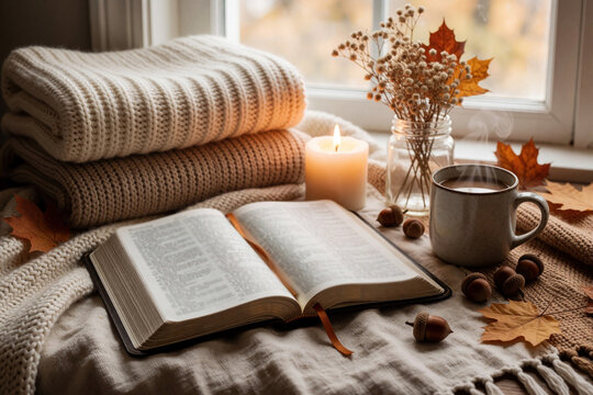 Open bible on cozy knit blanket near window in autumn. Warm candle light, hot coffee mug with steam, dried flowers, fallen leaves create peaceful morning atmosphere. Spiritual reading, meditation in