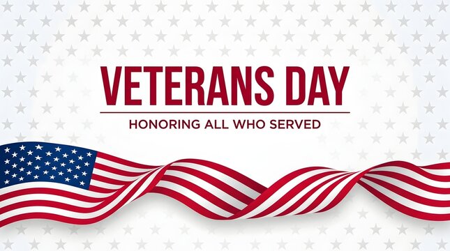 Bold red, white, and blue veterans day banner with patriotic ribbon and stars flag