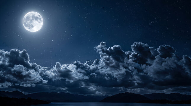 Luminous full moon over dark night sky, dramatic clouds above mountain lake, celestial moonlight landscape for background