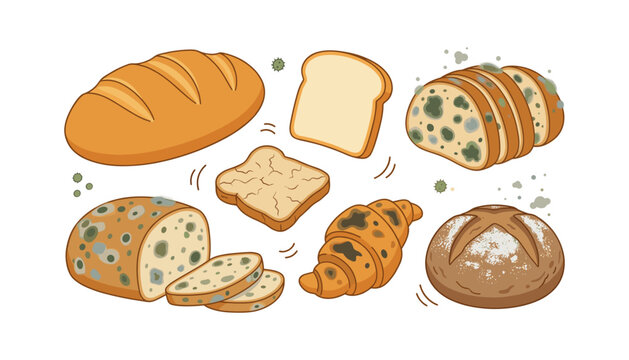 Moldy and Fresh Bread Vector Set with Sliced Loaves, Croissant, Toast, and Round Bun Showing Fungal Spores and Food Spoilage for Science Education Designs