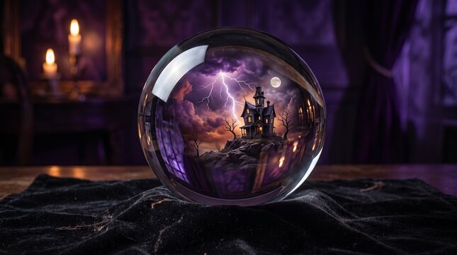 Mystical crystal ball with haunted house and lightning, magical glass sphere on velvet, gothic fortune teller aesthetic for Halloween