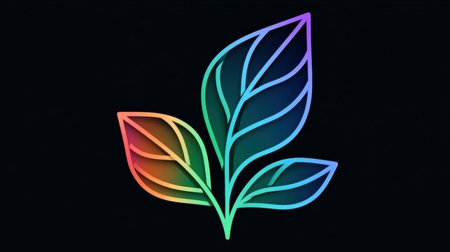 A single leaf shape in a continuous gradient of colors is placed in the center. The background is dark and features ample space for added text.