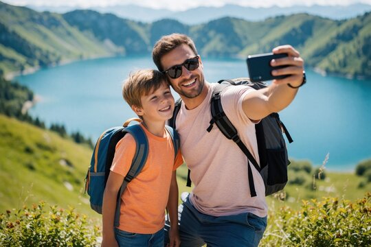 Young dad, little son take selfie with smartphone on mountain hike. Happy father, boy with backpacks enjoy summer vacation near blue lake. Smiling man, kid pose for photo during outdoor trekking