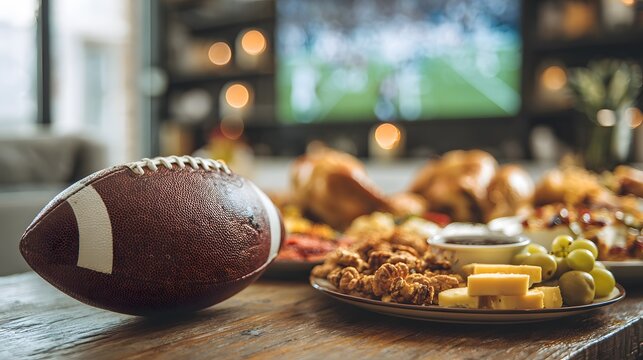 American football on table with Thanksgiving feast and TV screen in background