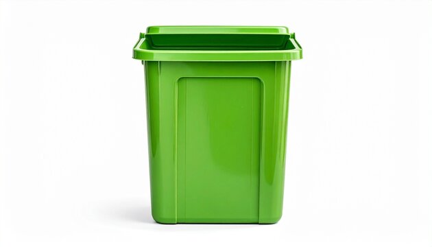 Bright green plastic container with lid leaning against side, rectangular shape, glossy surface, everyday household storage design.