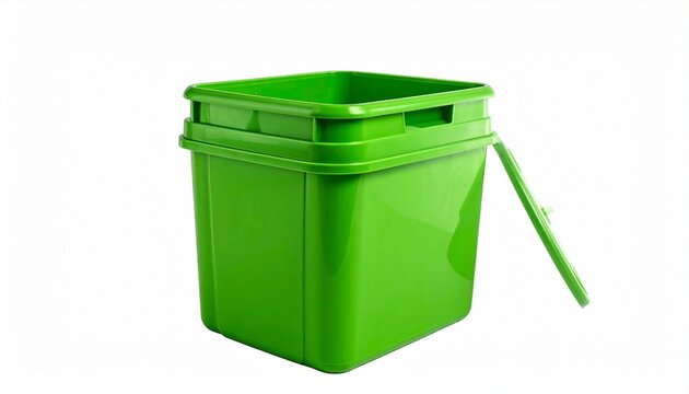 Bright green plastic container with lid leaning against side, rectangular shape, glossy surface, everyday household storage design.