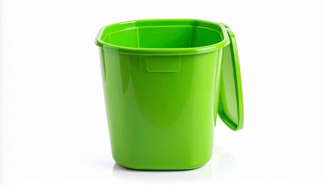 Bright green plastic container with lid leaning against side, rectangular shape, glossy surface, everyday household storage design.