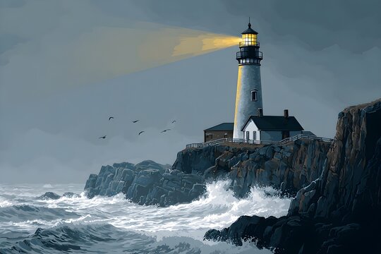 Evening lighthouse on rocky coast with illuminated beam over sea