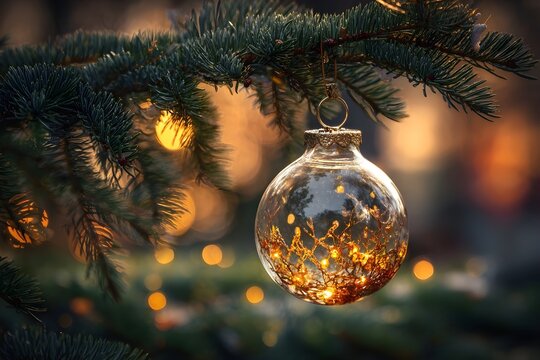 Glass Christmas bauble with warm fairy lights hanging on pine