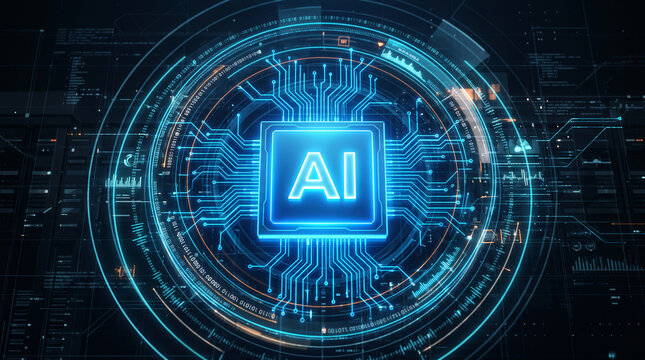 Digital AI chip with glowing blue circuits and data streams, symbolizing future technology and artificial intelligence, perfect for science and innovation concepts.