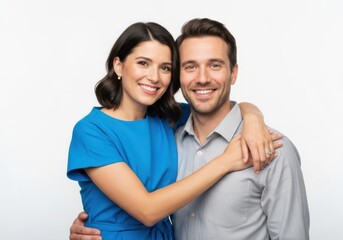 Fototapeta premium Happy young couple embracing and smiling at the camera isolated on white background