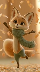 Naklejka premium A lively fox character dances among the colorful leaves during autumn, enjoying the warm light and the playful atmosphere of the season.