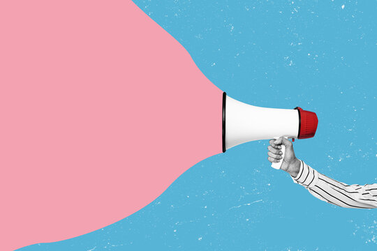 hand holding a megaphone a isolated free color background.