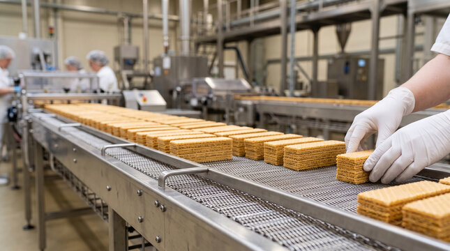 Stacks of wafer biscuits moving on a conveyor belt in a factory, representing mass production and food manufacturing processes
