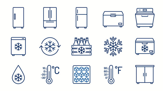 Set of refrigerator, freezer and temperature control line icons for cold storage and refrigeration concepts