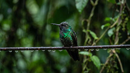 Obraz premium A small hummingbird with iridescent green feathers perches on a wet branch in the rain, representing nature's delicate beauty and resilience.