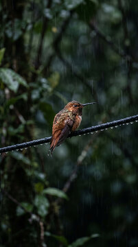 A brown hummingbird perched on a wire in the rain, its feathers glistening with water droplets, symbolizing resilience in adverse weather.
